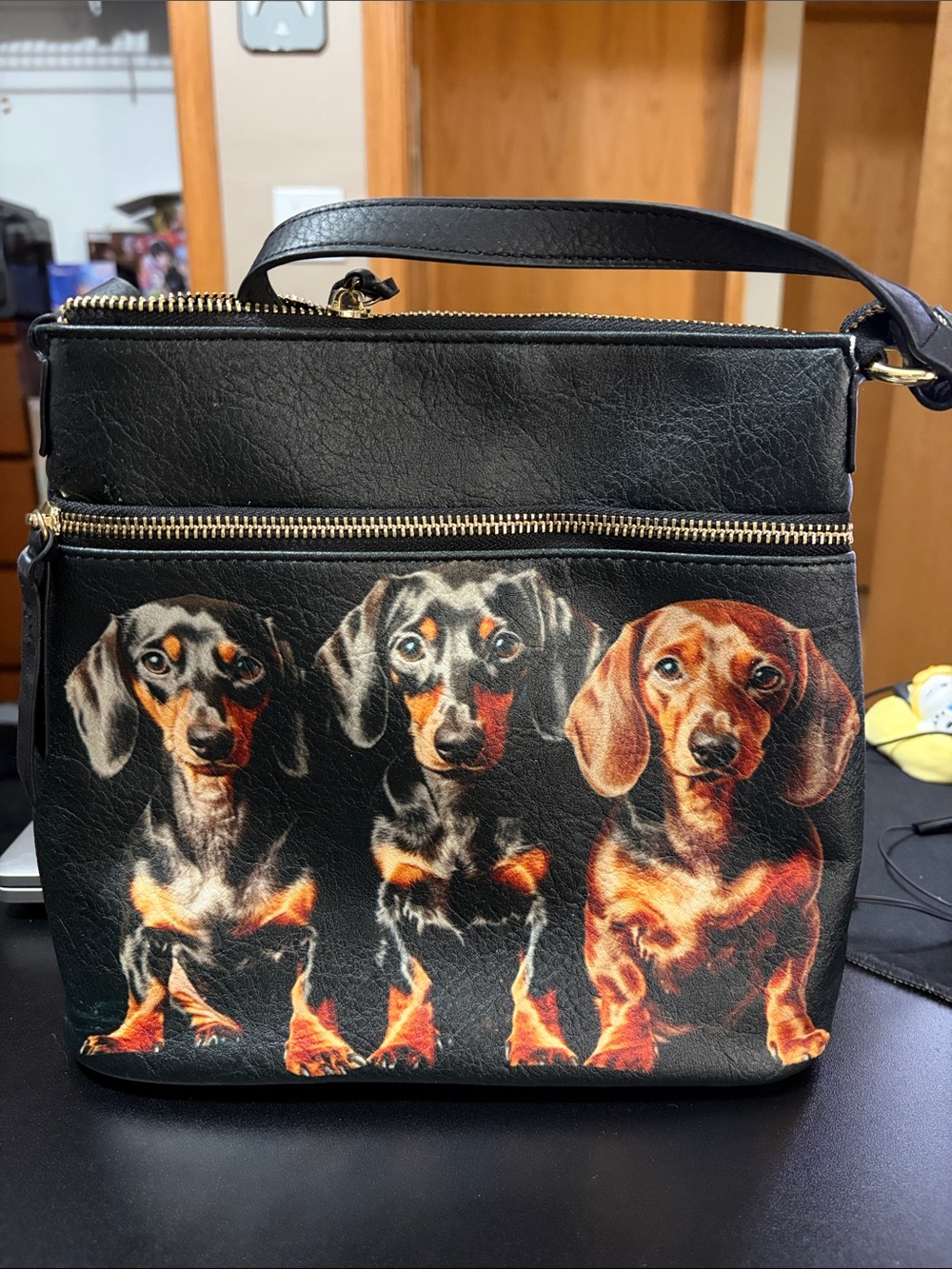 Black Dachshund Print Dog Crossbody Bag - Unbranded